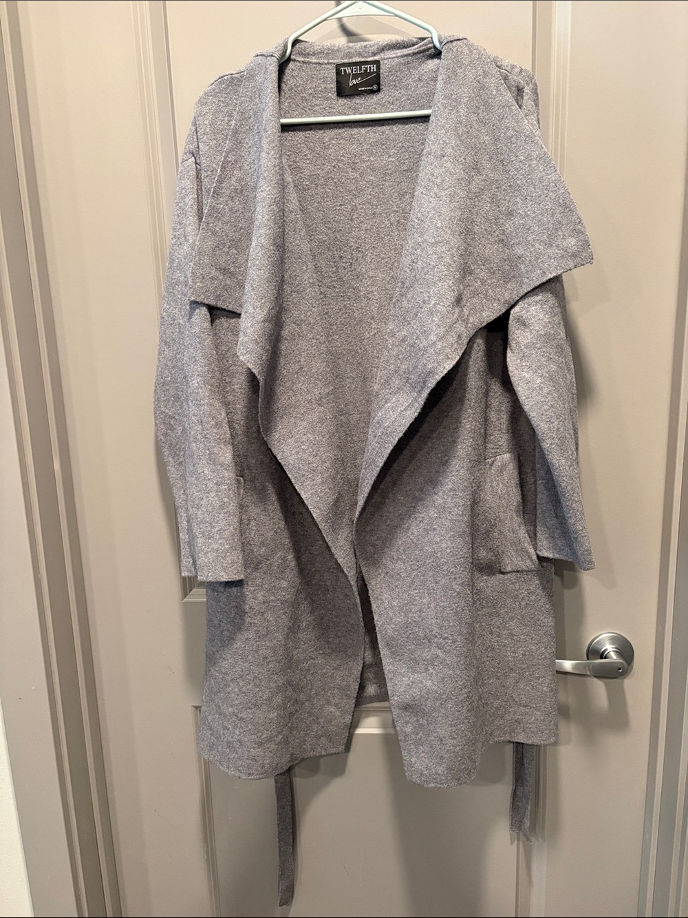 Twelfth Love Gray Waterfall Open Front Cardigan Belted Sweater Coatigan Medium